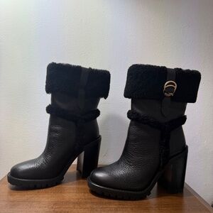 Coach Shoes | Coach Black Heeled Boots With Fur Trim | Color: Black | Size: 7.5